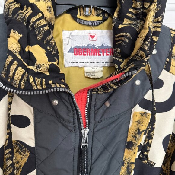Vintage 90s Obermeyer Ski Jacket Abstract Animal Print Black Gold Beige Hood 6 - Picture 2 of 7